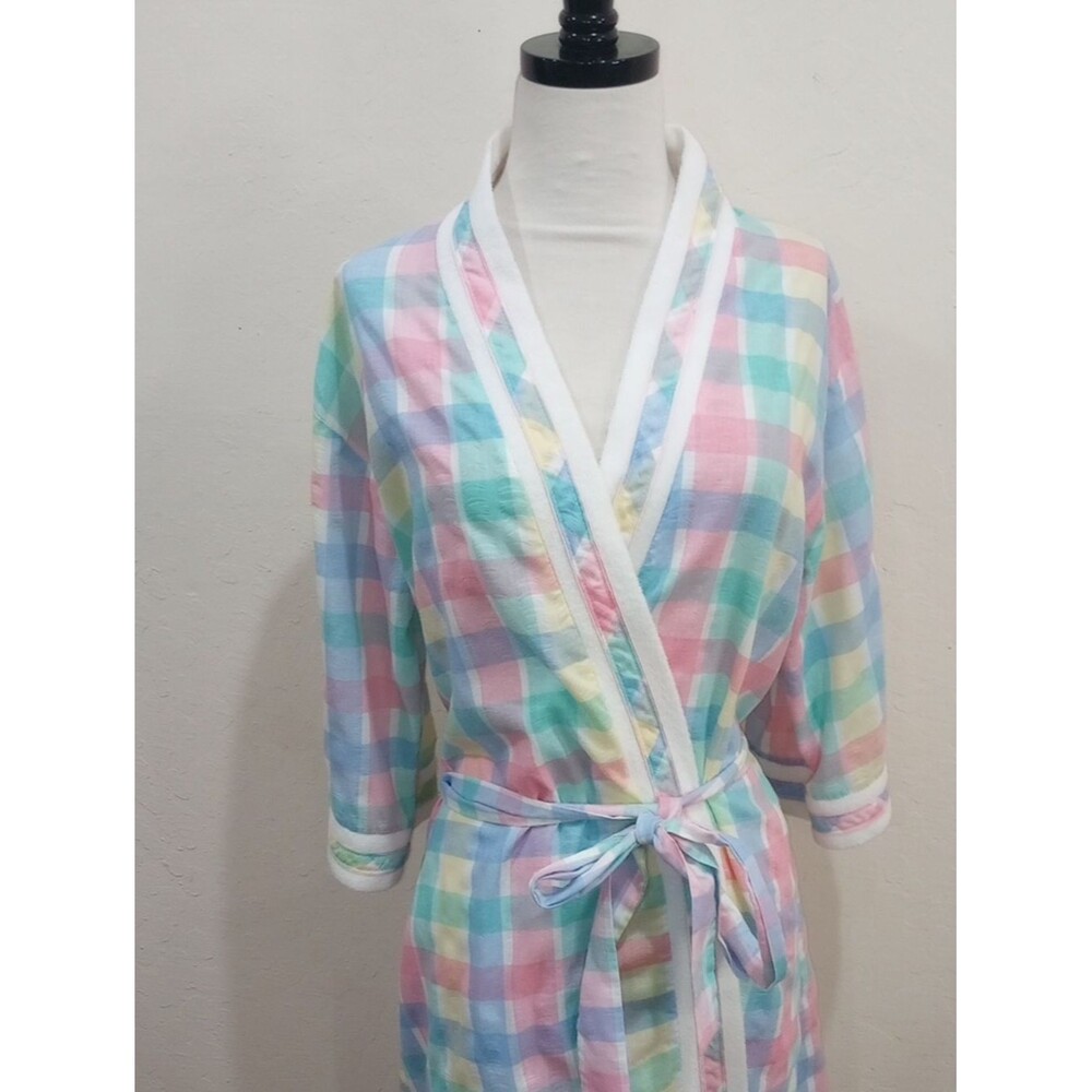 Madras Plaid Pastel Checked House Coat Robe - Vintage 80s! - Picture 4 of 10